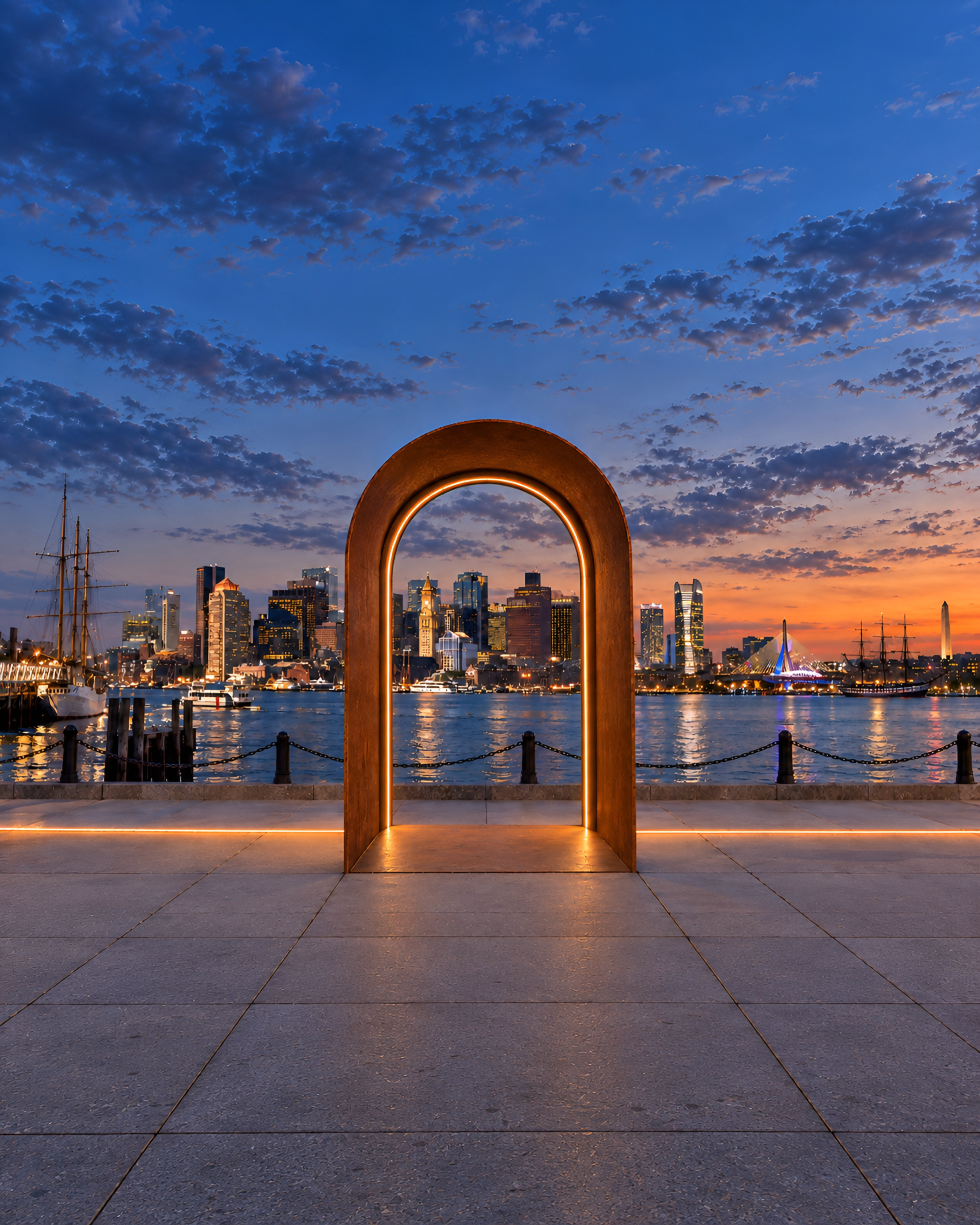 The Thresholds arch, a weathered-steel archway glowing at sunset beside the greenway path, with Boston Harbor and the skyline behind it