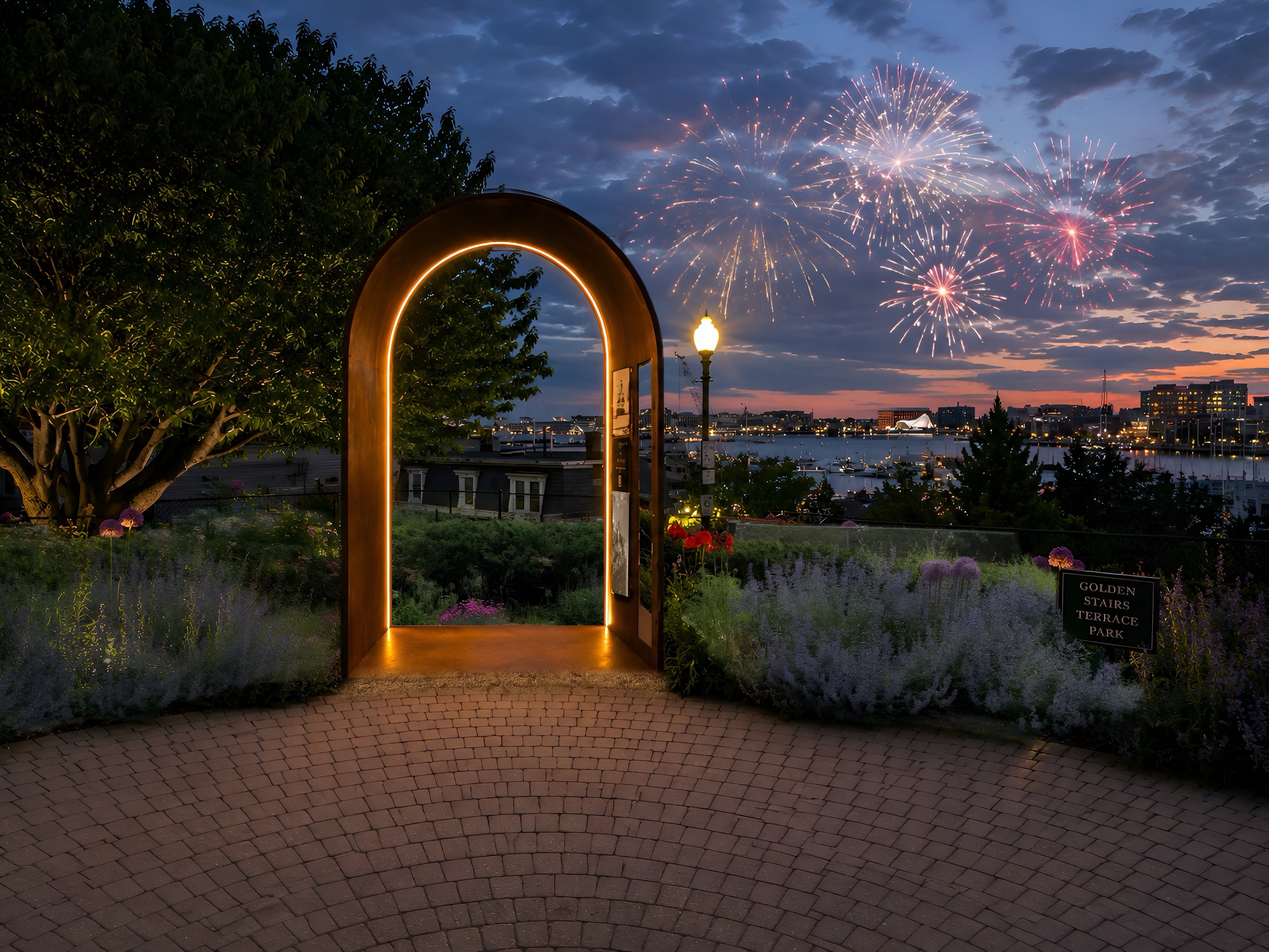 The Thresholds arch, a weathered-steel archway glowing at dusk at the Golden Stairs Terrace Park, with fireworks bursting over Boston Harbor and the skyline beyond