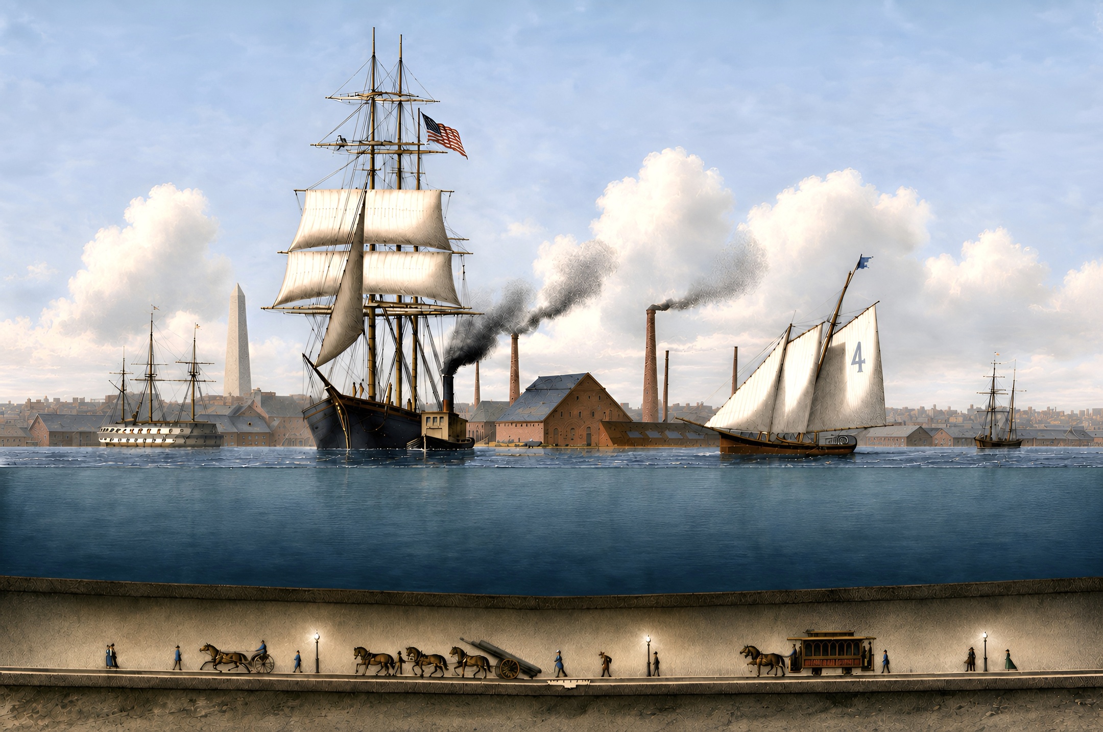 Colorized illustration from John G. Foster’s tunnel proposal: sailing ships and a steamboat cross the harbor before the Boston waterfront while horse-drawn carriages, a streetcar, and pedestrians pass through a lamplit tunnel beneath the water