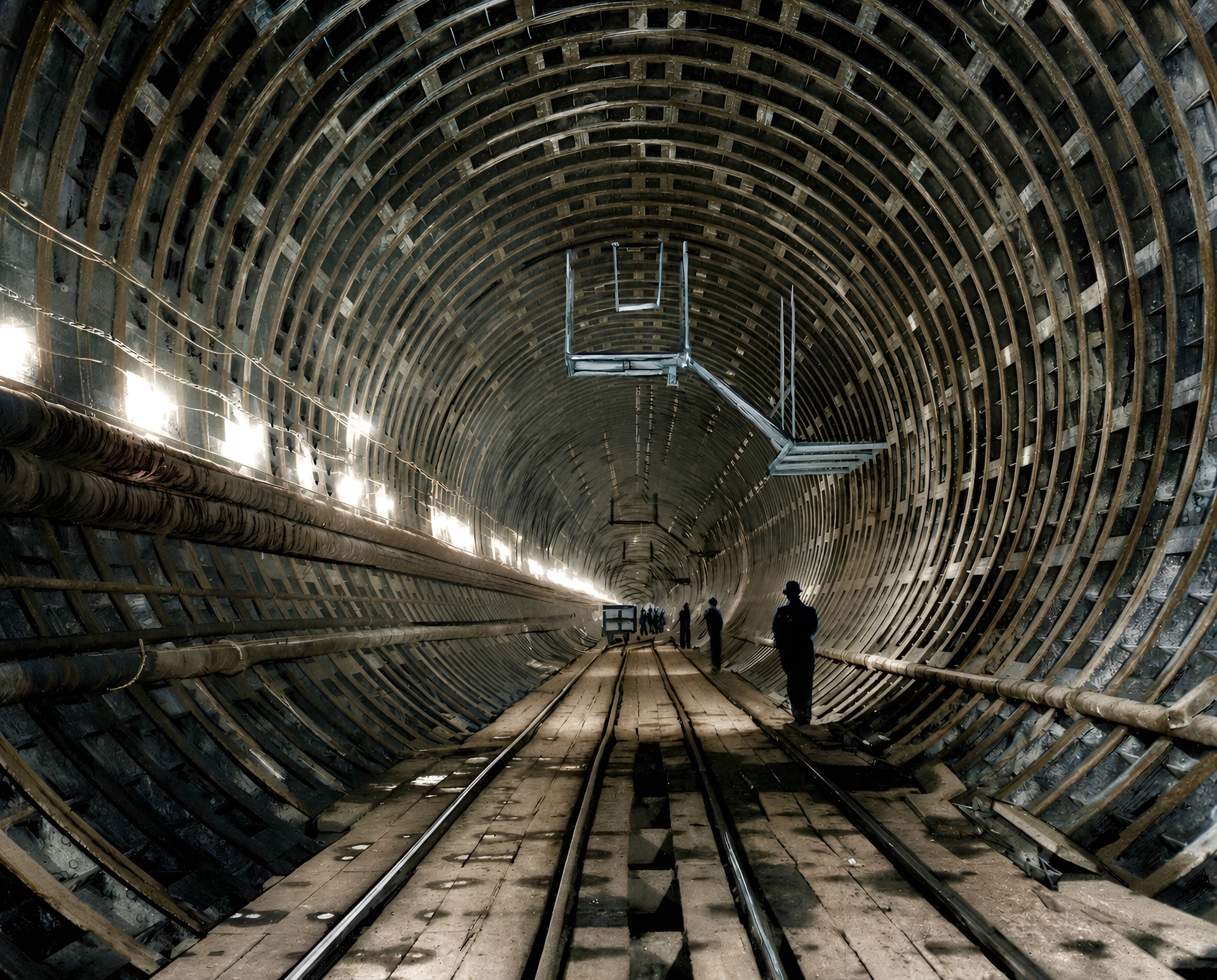 Colorized photograph of workers on a plank walkway inside the immense curved steel ribs of the Callahan Tunnel under construction, a string of work lights running along one wall