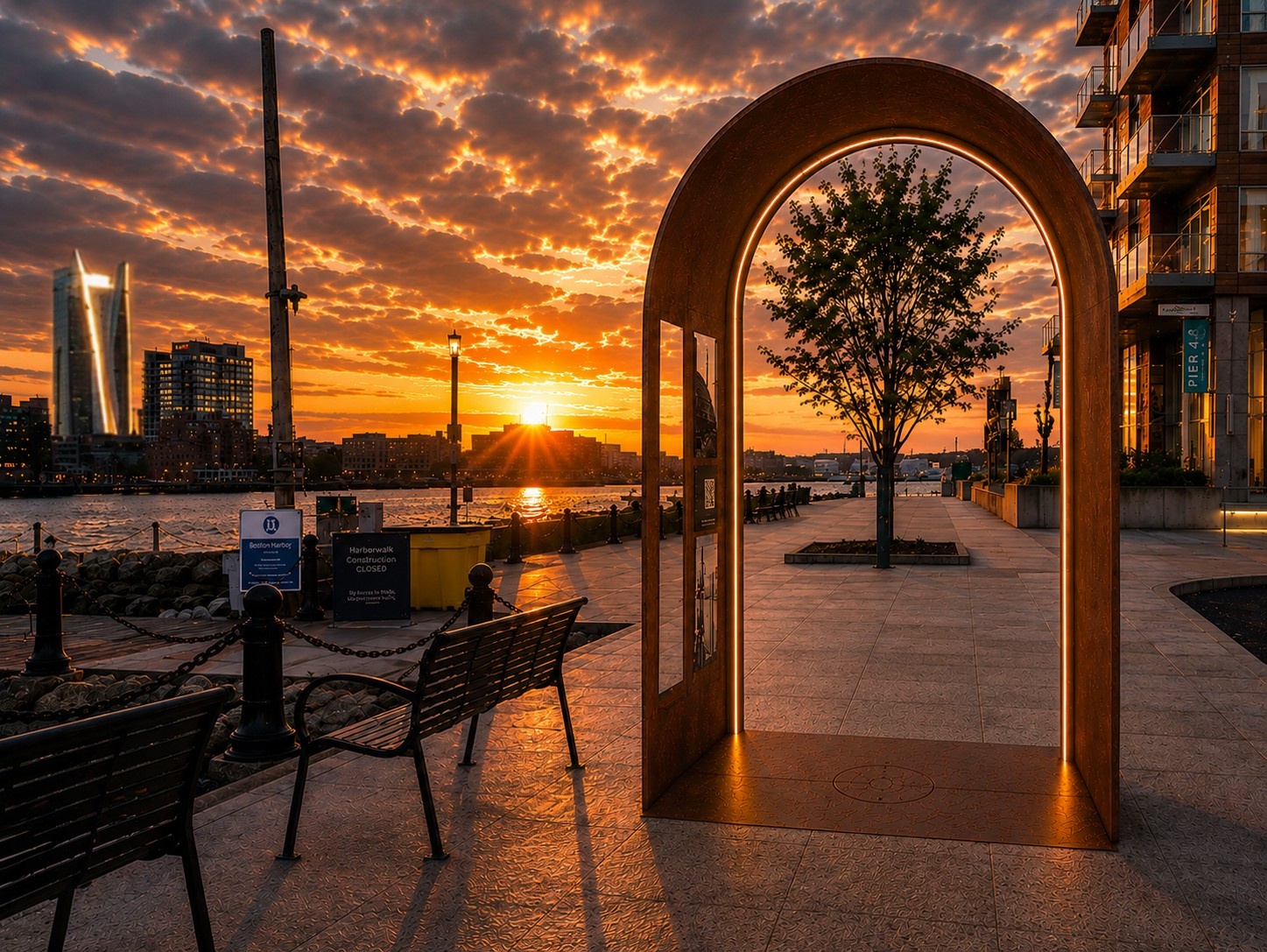 The Thresholds arch, a weathered-steel archway glowing on the harborwalk by the Lewis Mall Wharf at sunset, with the Boston skyline across the harbor