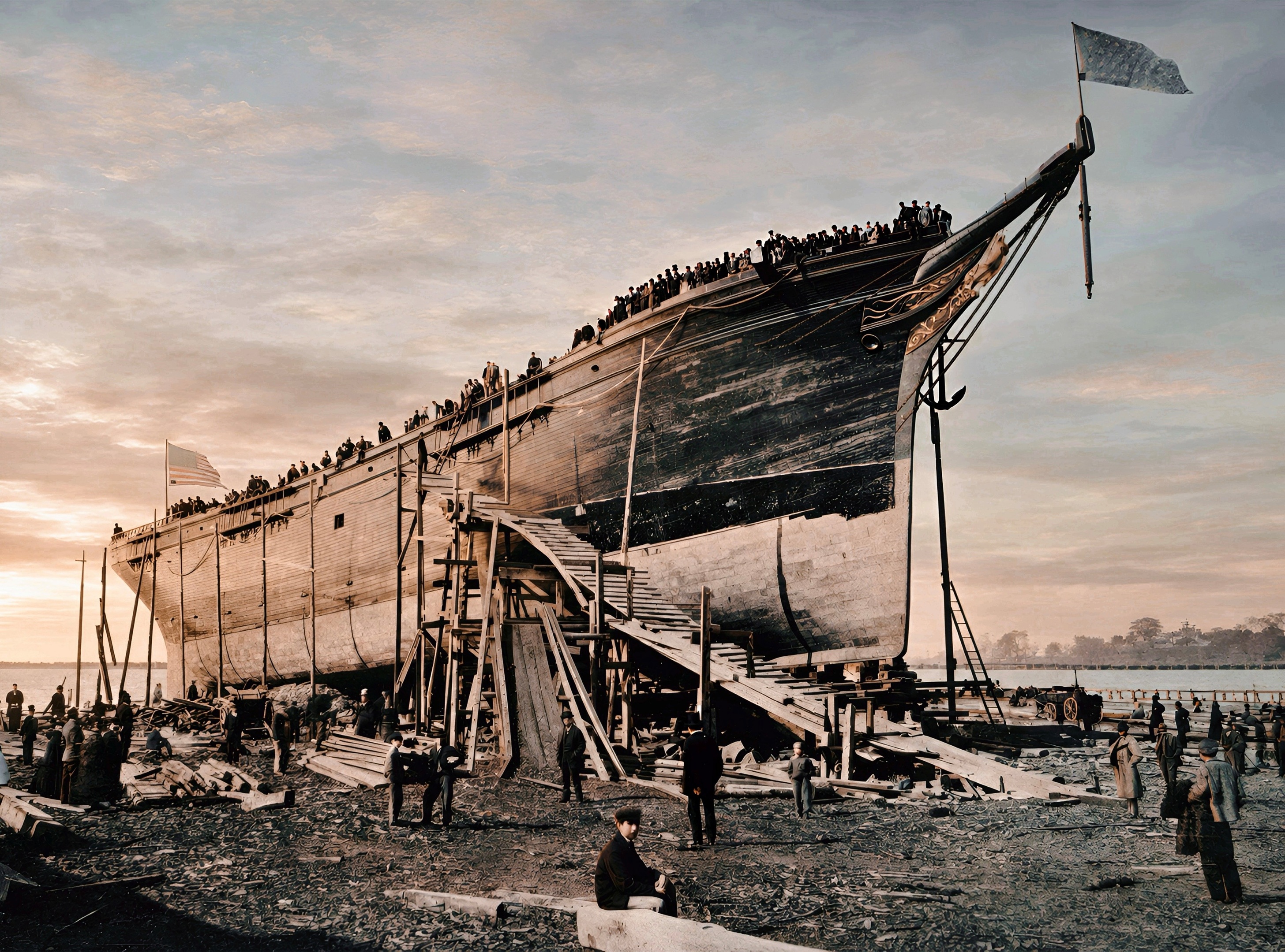 Colorized photograph of the Glory of the Seas on the launch ways, spectators lining her rail