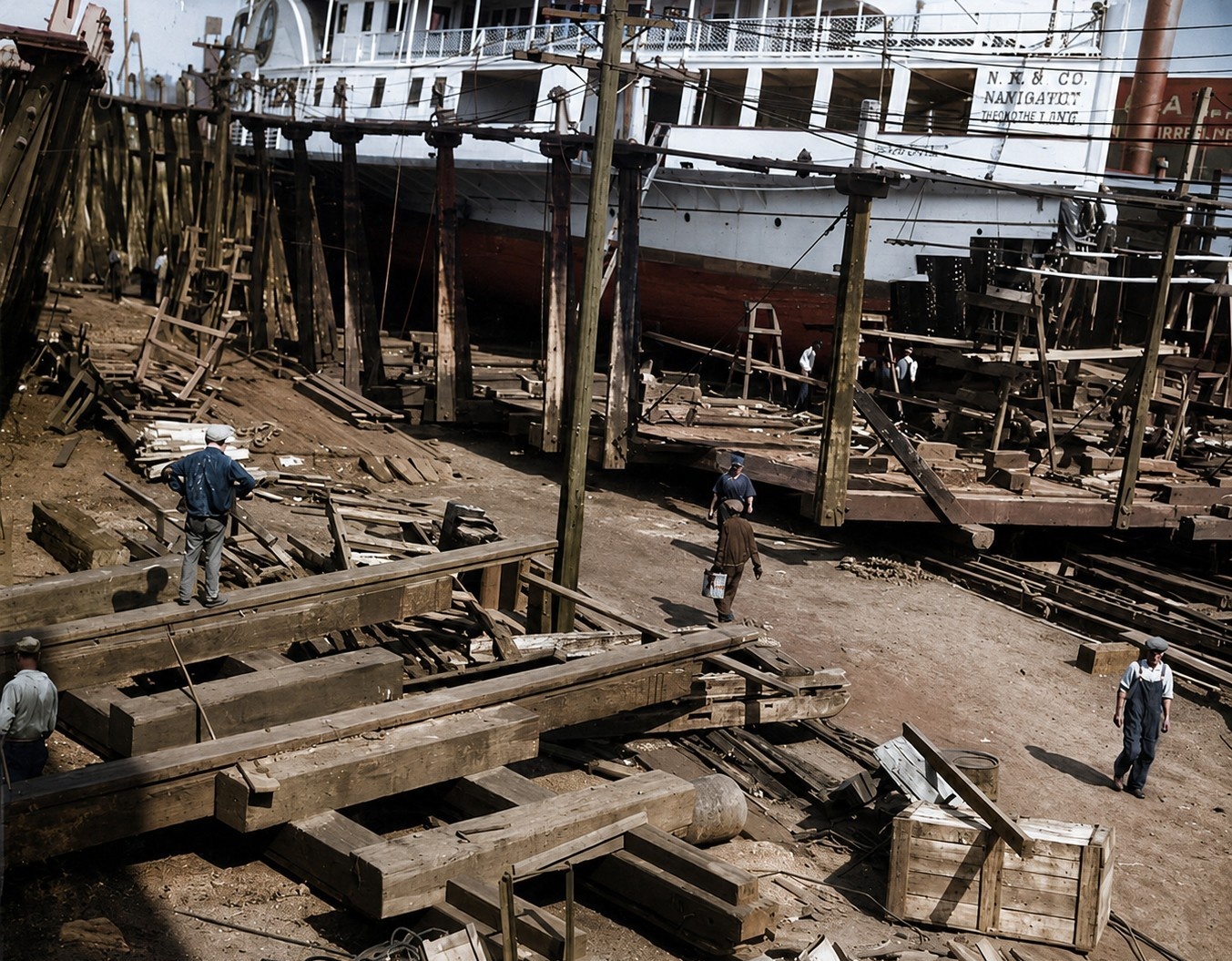 Colorized view of Atlantic Works laborers at work around the marine railway timbers
