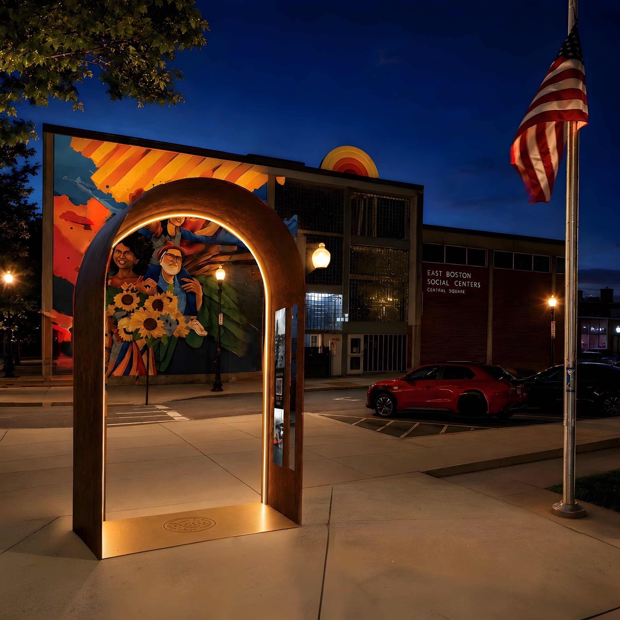 The Thresholds arch, a weathered-steel archway glowing at dusk in Central Square, framing the colorful sunflower mural on the East Boston Social Centers building