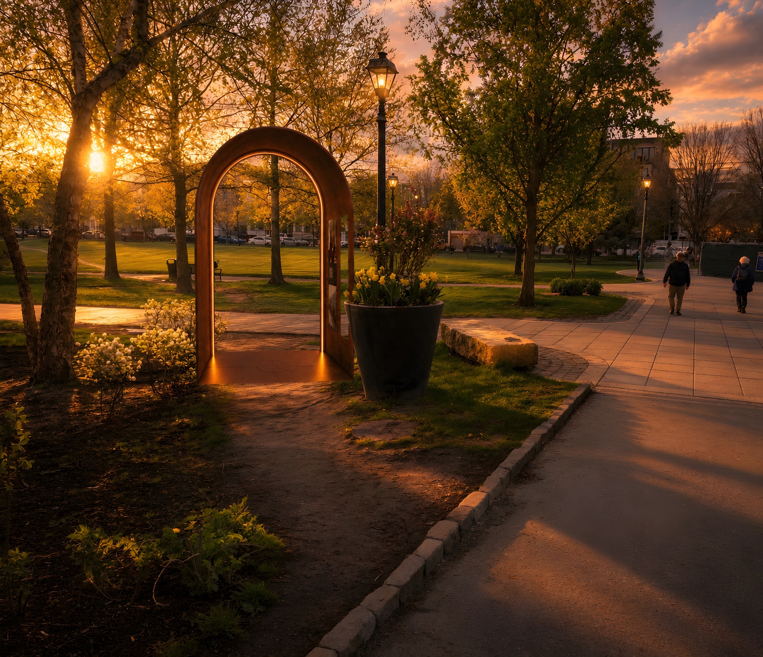 The Thresholds arch, a weathered-steel archway glowing at golden hour in Bremen Street Park, beside spring flowers along the tree-lined path