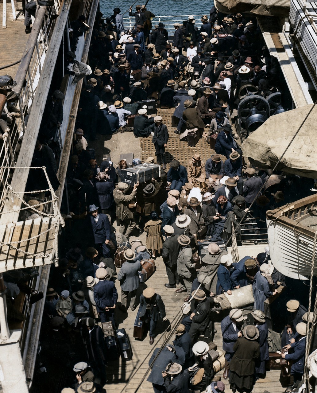 Passengers aboard the Adriatic waiting in Boston Harbor during the immigration quota era
